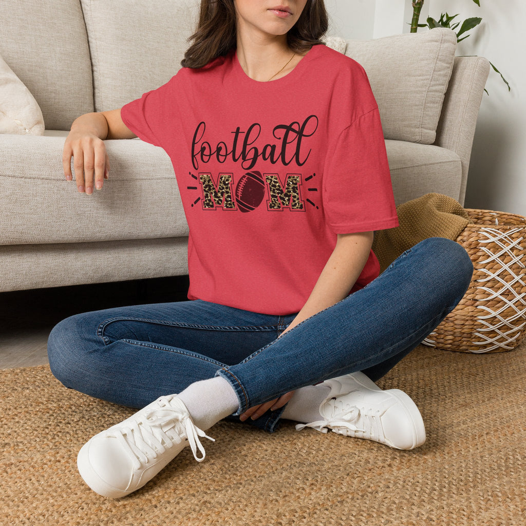 Football Mom Leopard Print Tee — Cute Script Design with Football Graphic