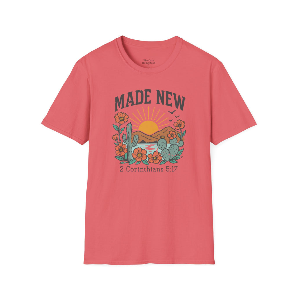 Made New T-Shirt — Vintage Desert Sunrise Christian Graphic Tee (2 Corinthians 5:17)