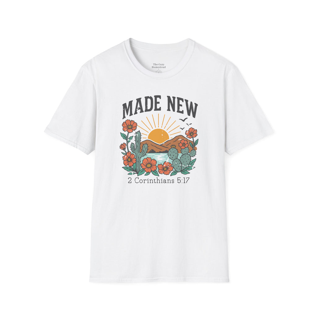 Made New T-Shirt — Vintage Desert Sunrise Christian Graphic Tee (2 Corinthians 5:17)
