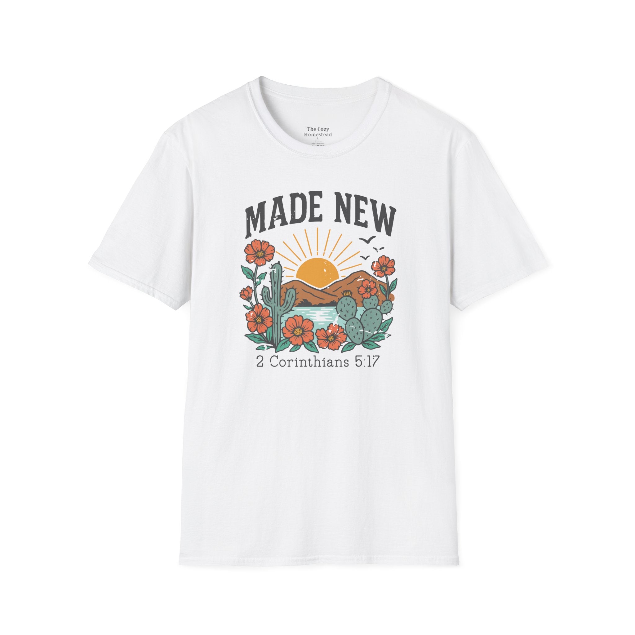 Made New T-Shirt — Vintage Desert Sunrise Christian Graphic Tee (2 Corinthians 5:17)