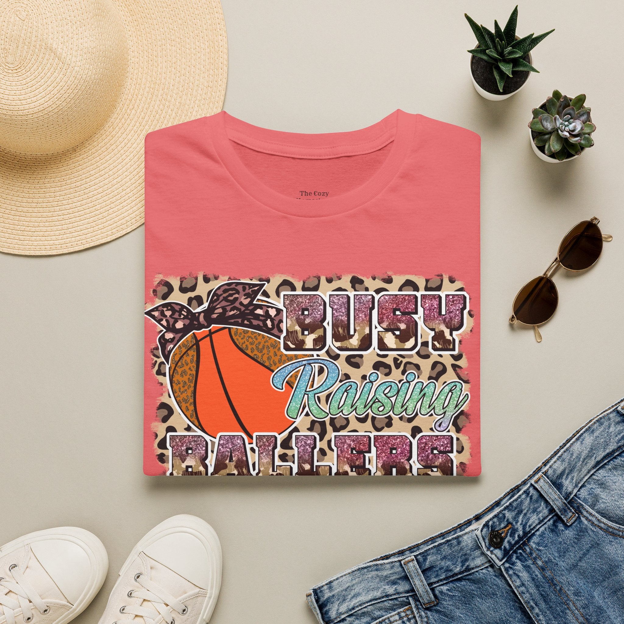 Busy Raising Ballers Basketball Mom T-Shirt — Leopard Print Hoop Design