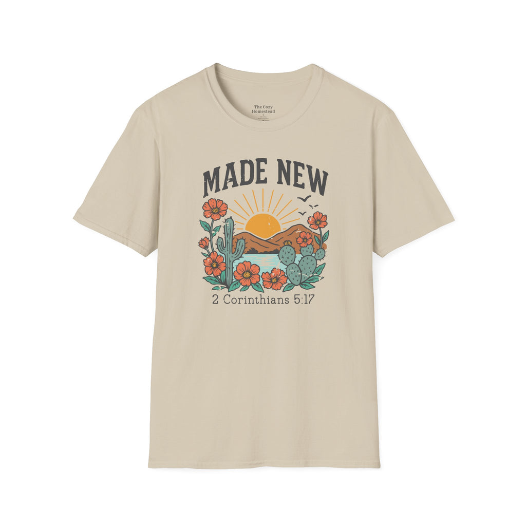 Made New T-Shirt — Vintage Desert Sunrise Christian Graphic Tee (2 Corinthians 5:17)
