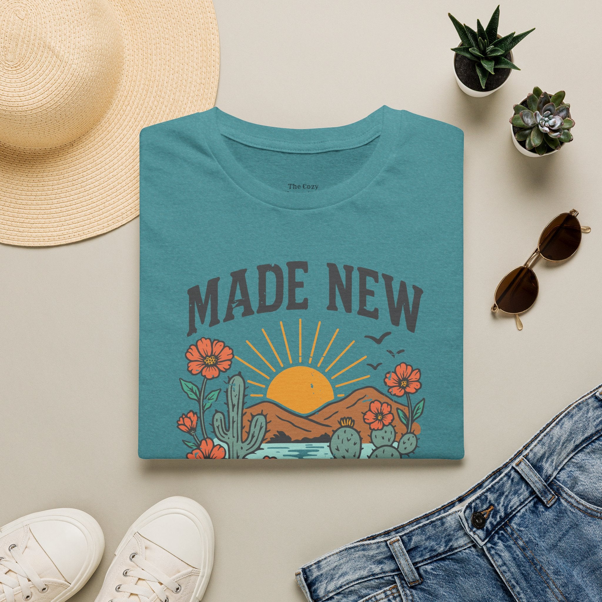 Made New T-Shirt — Vintage Desert Sunrise Christian Graphic Tee (2 Corinthians 5:17)