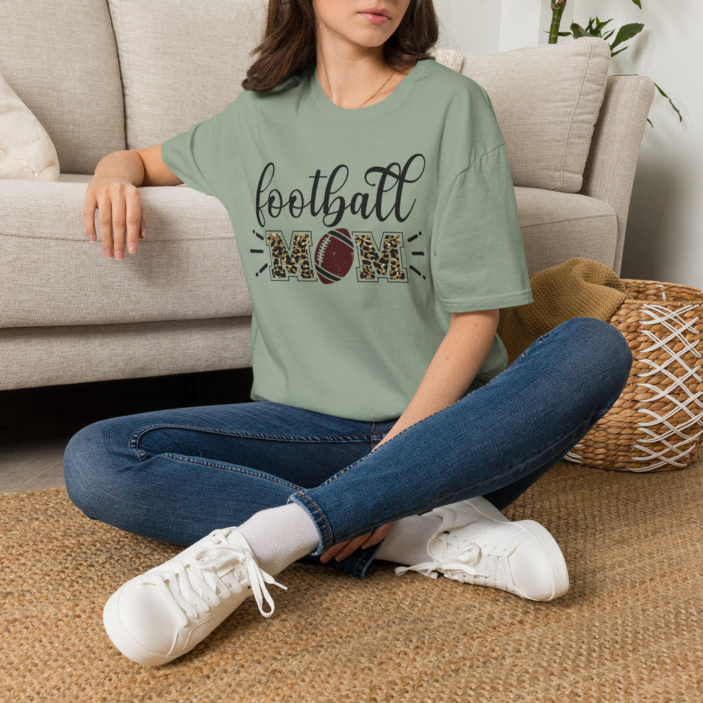 Football Mom Leopard Print Tee — Cute Script Design with Football Graphic