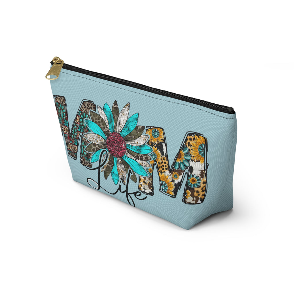 Mom Life Accessory Pouch — Floral Turquoise T‑Bottom Makeup Bag