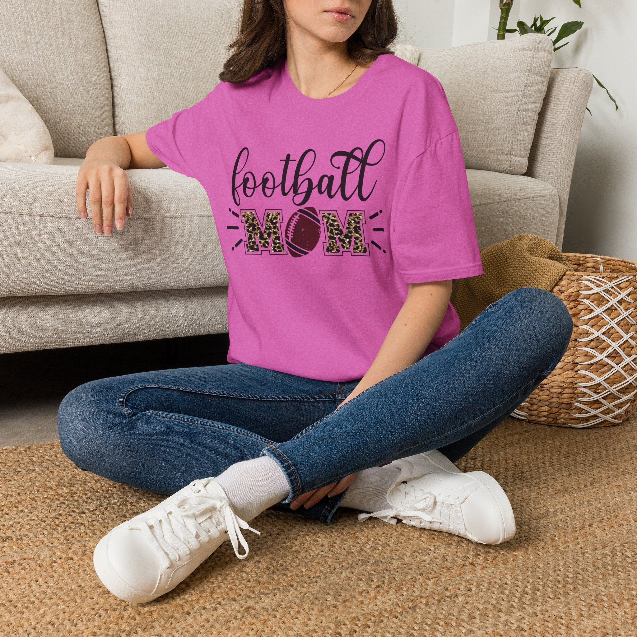 Football Mom Leopard Print Tee — Cute Script Design with Football Graphic