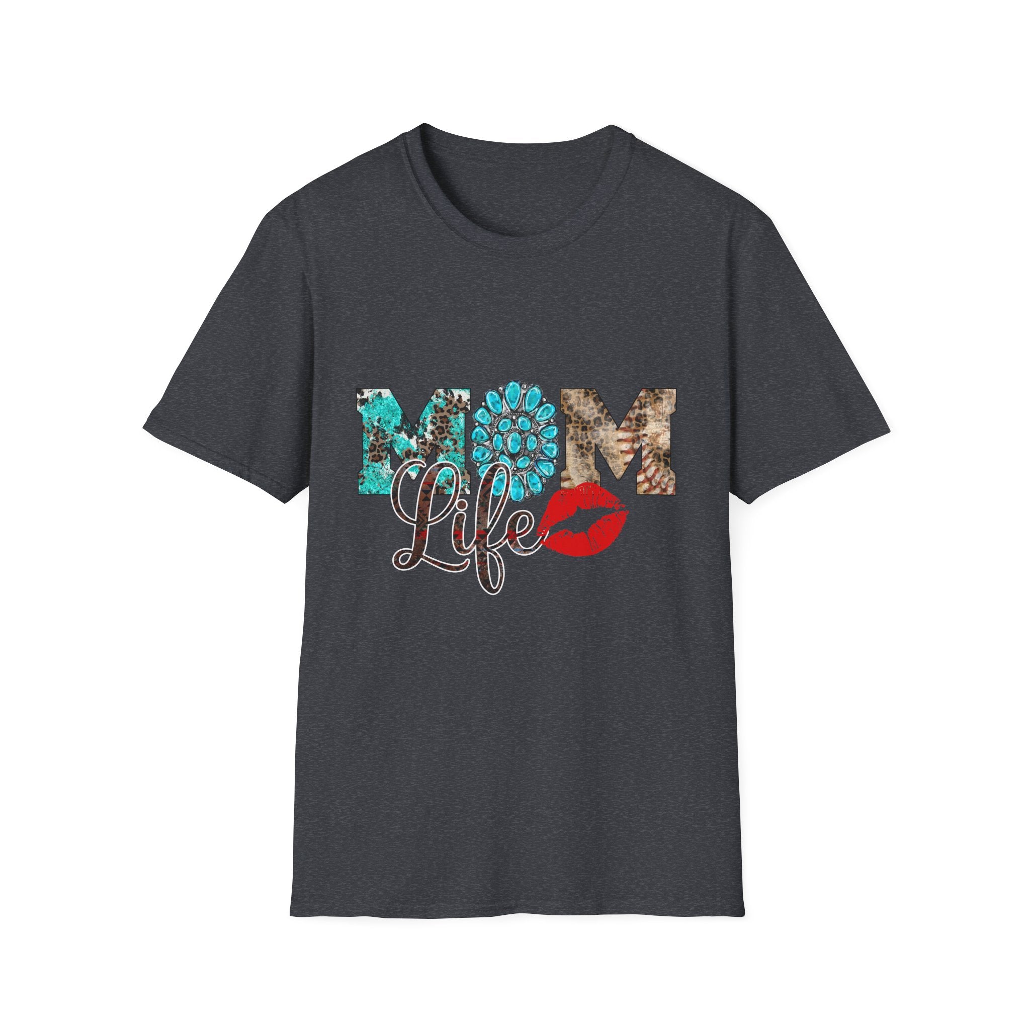 Mom Life T-Shirt – Turquoise Floral & Lip Print Tee