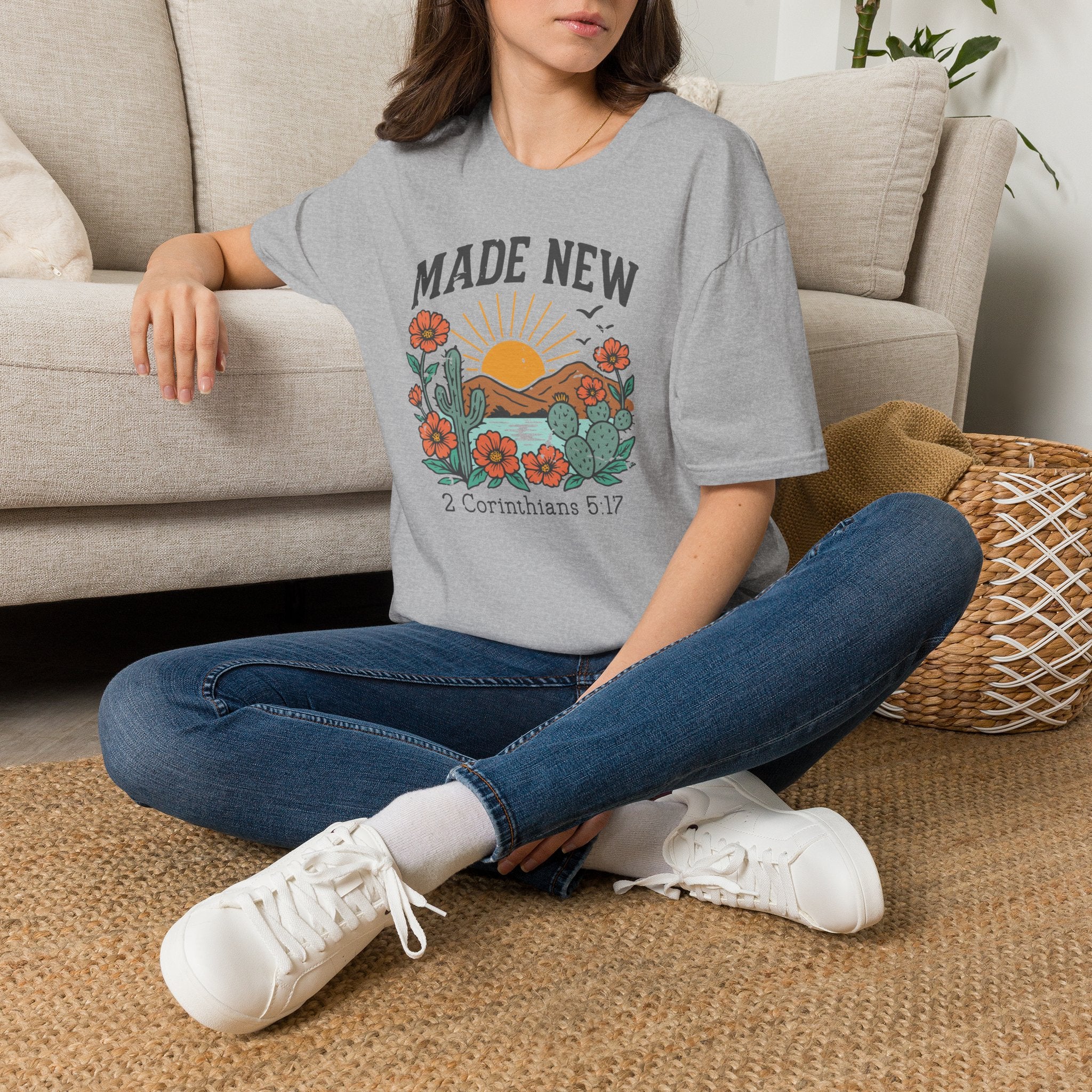 Made New T-Shirt — Vintage Desert Sunrise Christian Graphic Tee (2 Corinthians 5:17)