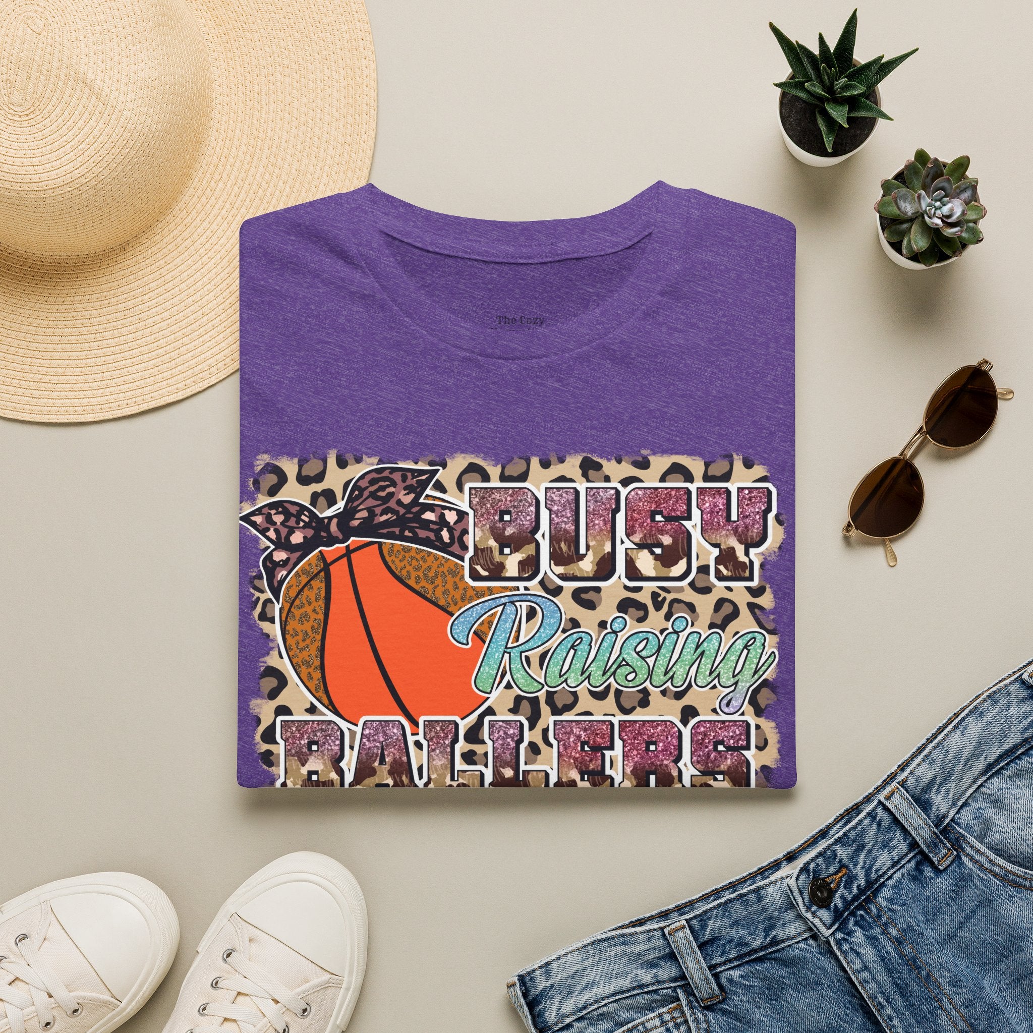 Busy Raising Ballers Basketball Mom T-Shirt — Leopard Print Hoop Design
