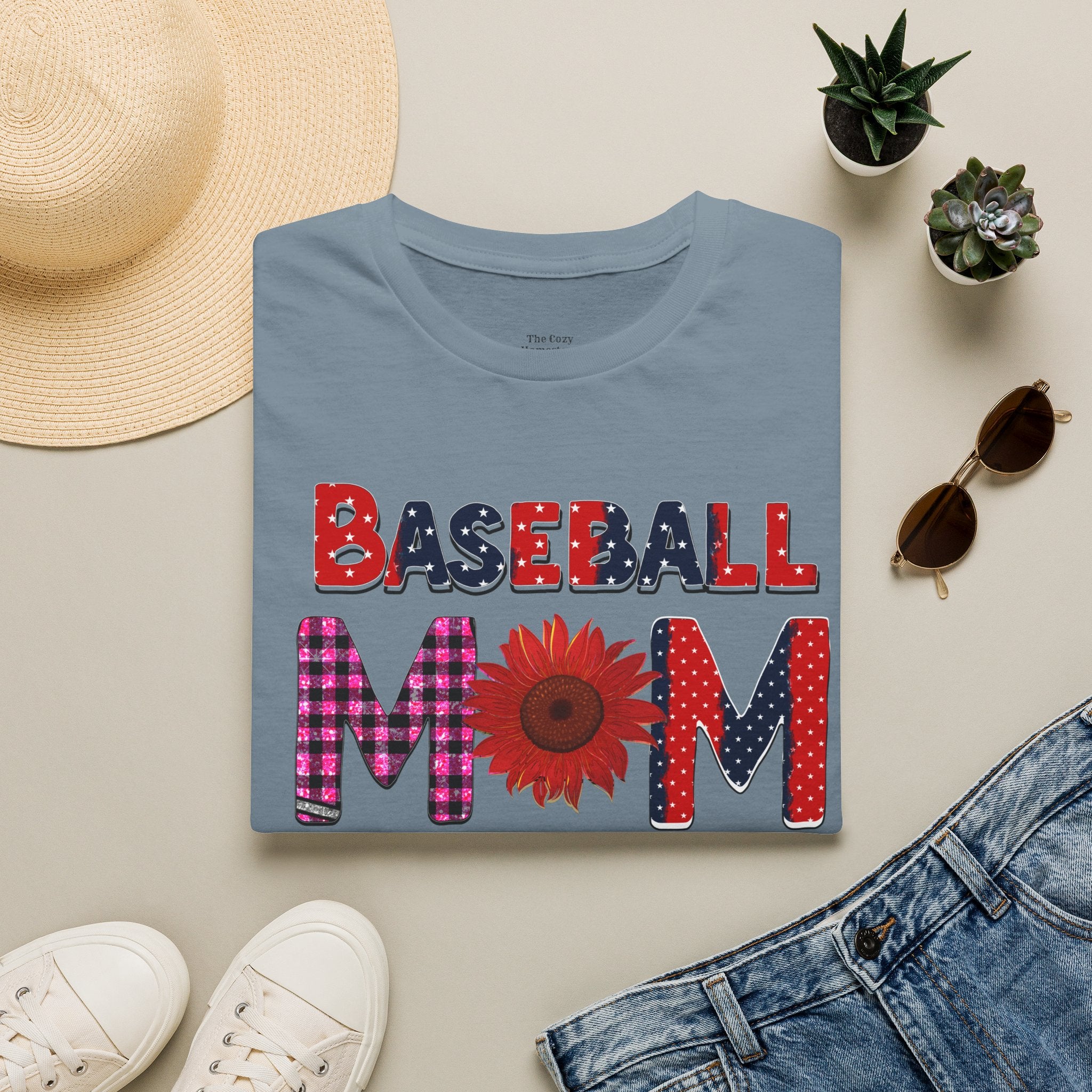 Baseball Mom T-Shirt — Floral Sunflower & Plaid Lettering