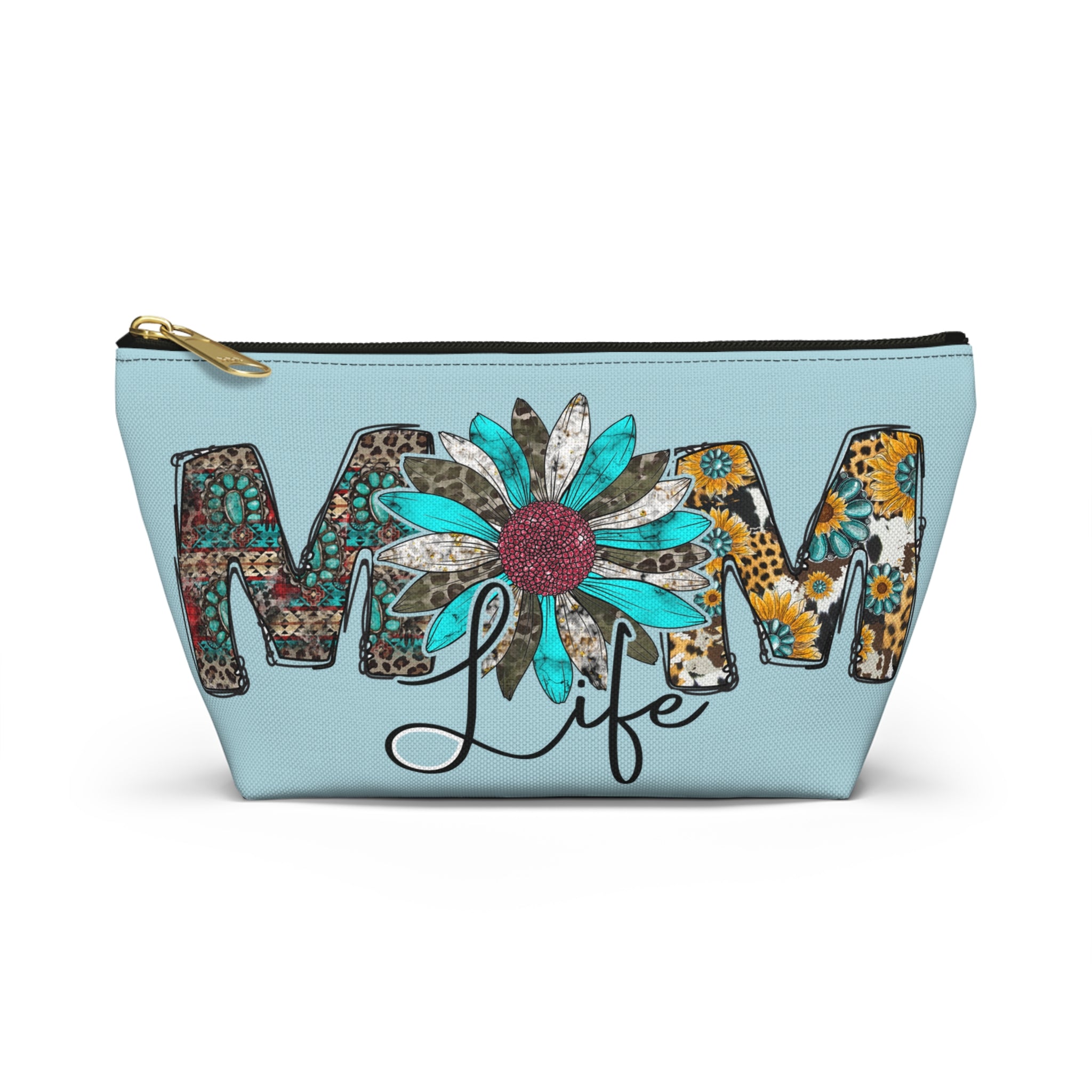 Mom Life Accessory Pouch — Floral Turquoise T‑Bottom Makeup Bag