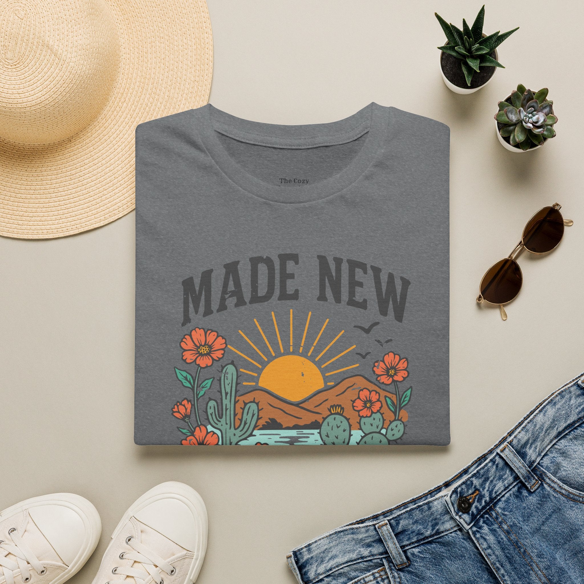 Made New T-Shirt — Vintage Desert Sunrise Christian Graphic Tee (2 Corinthians 5:17)