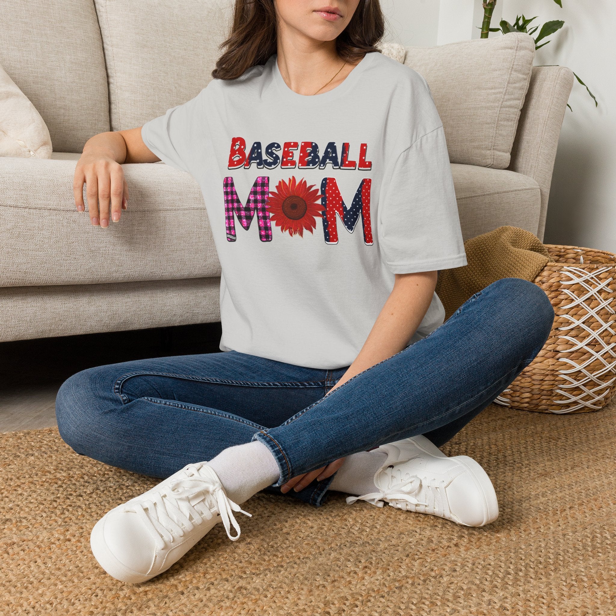 Baseball Mom T-Shirt — Floral Sunflower & Plaid Lettering