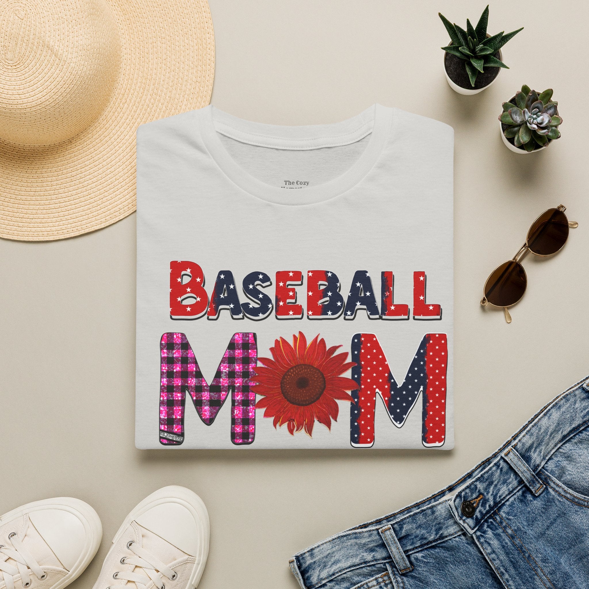 Baseball Mom T-Shirt — Floral Sunflower & Plaid Lettering