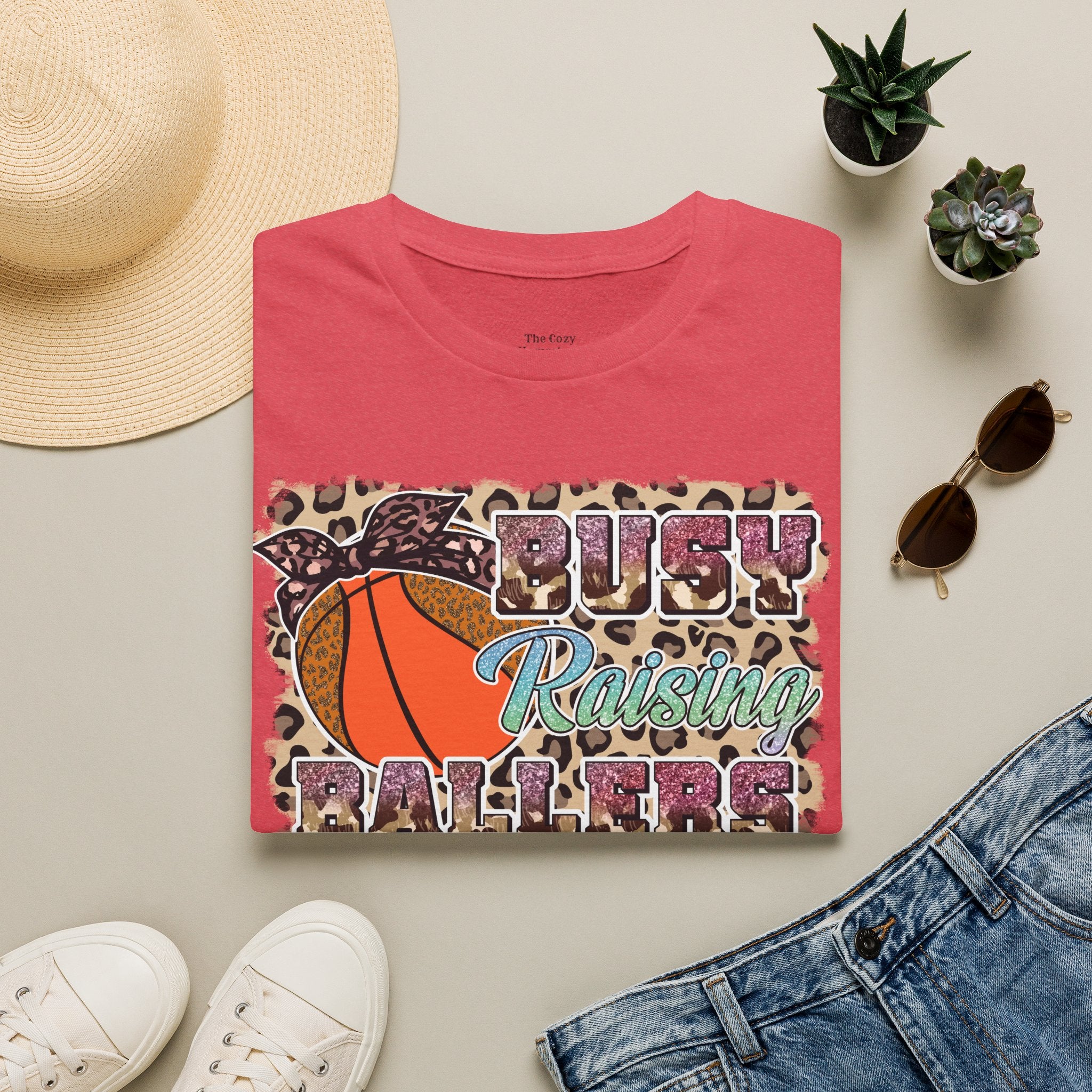 Busy Raising Ballers Basketball Mom T-Shirt — Leopard Print Hoop Design