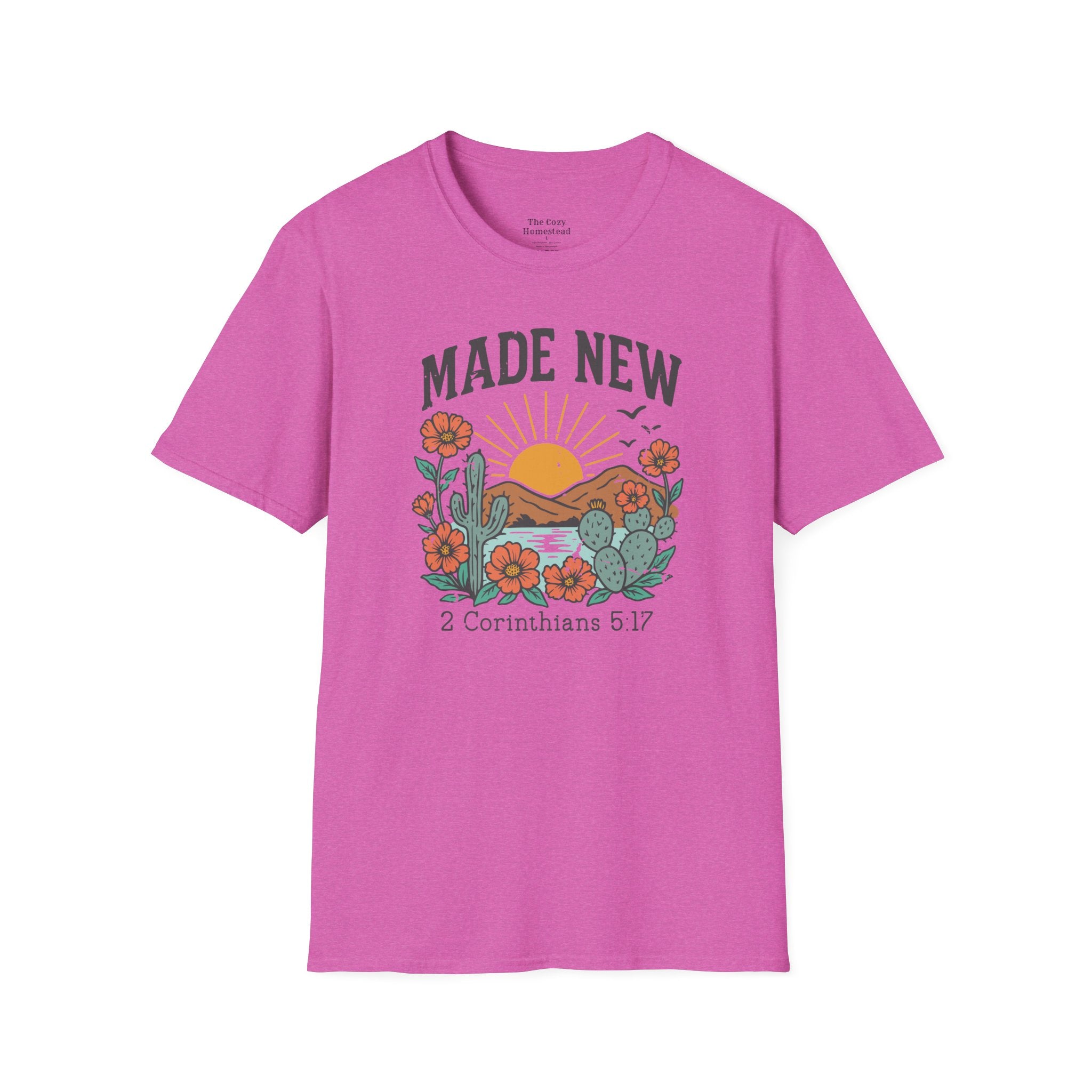 Made New T-Shirt — Vintage Desert Sunrise Christian Graphic Tee (2 Corinthians 5:17)