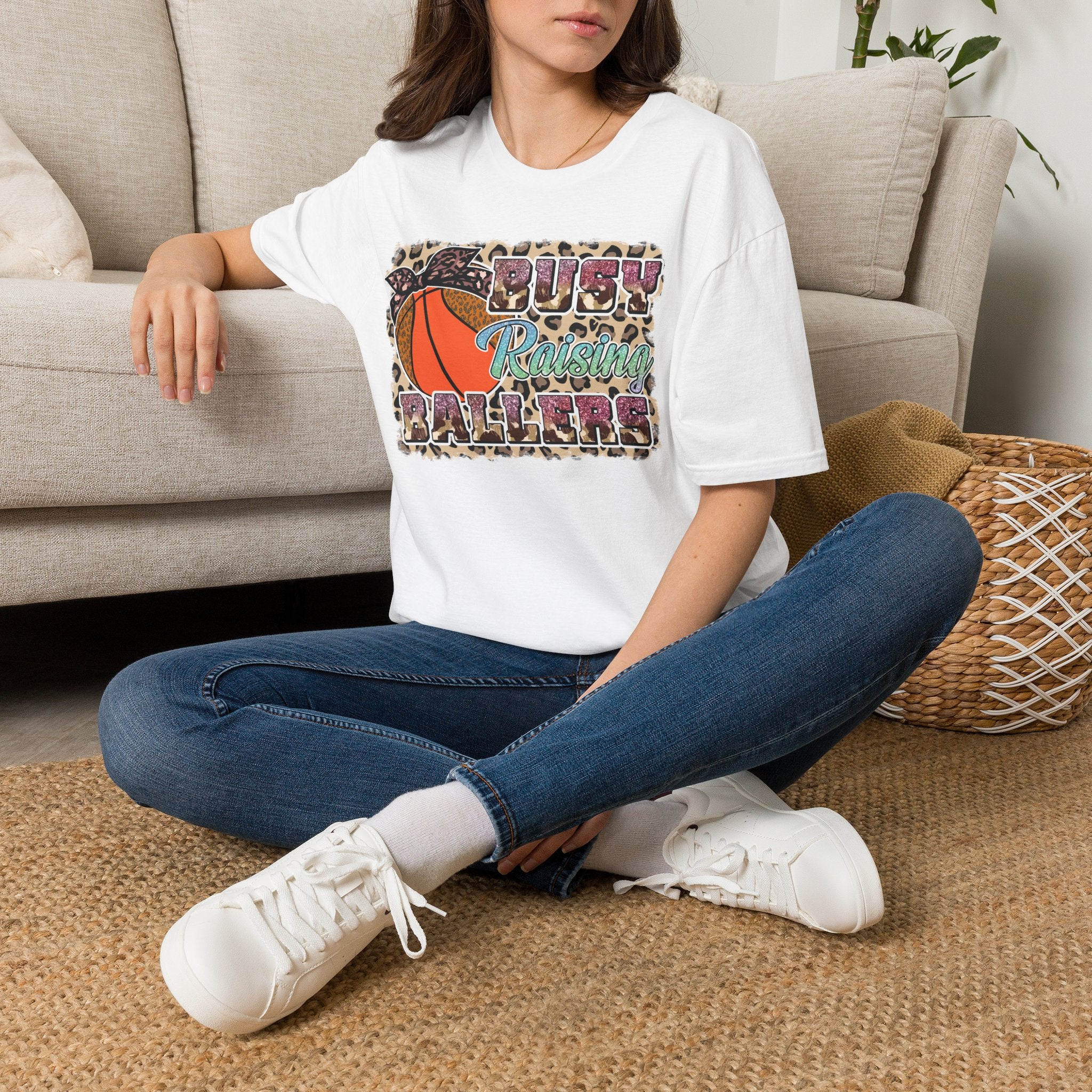 Busy Raising Ballers Basketball Mom T-Shirt — Leopard Print Hoop Design