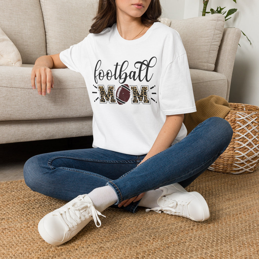 Football Mom Leopard Print Tee — Cute Script Design with Football Graphic