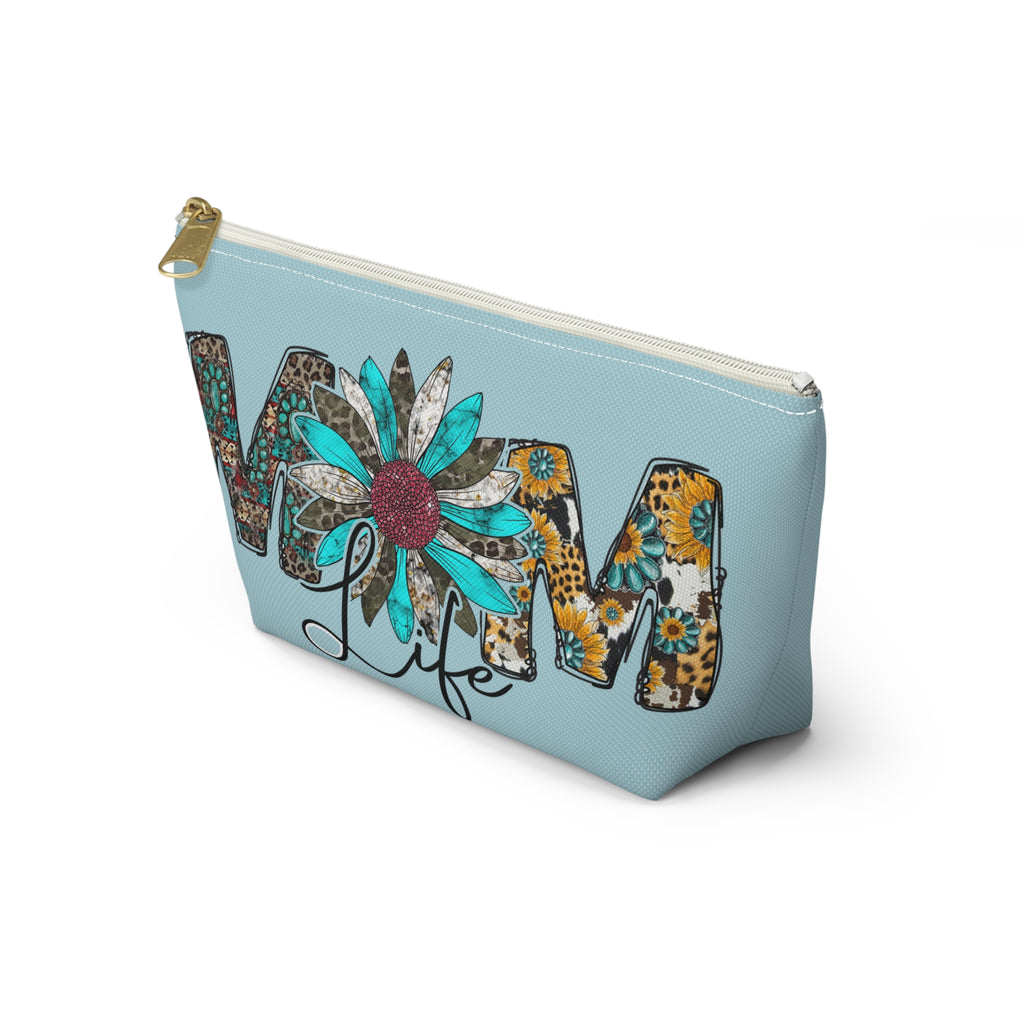 Mom Life Accessory Pouch — Floral Turquoise T‑Bottom Makeup Bag