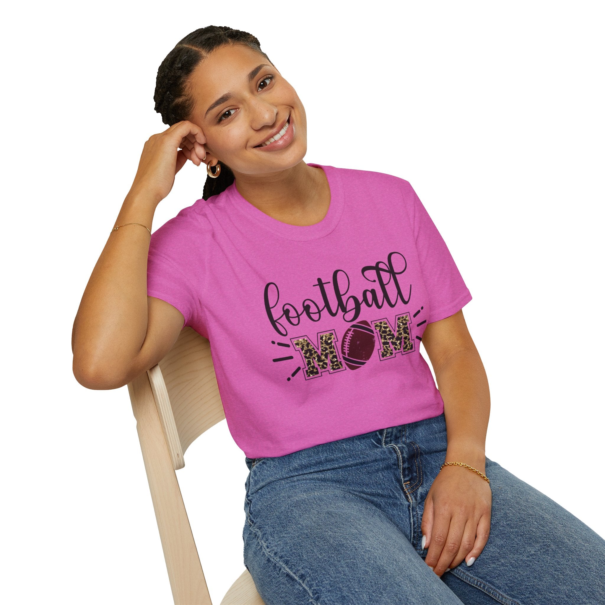 Football Mom Leopard Print Tee — Cute Script Design with Football Graphic
