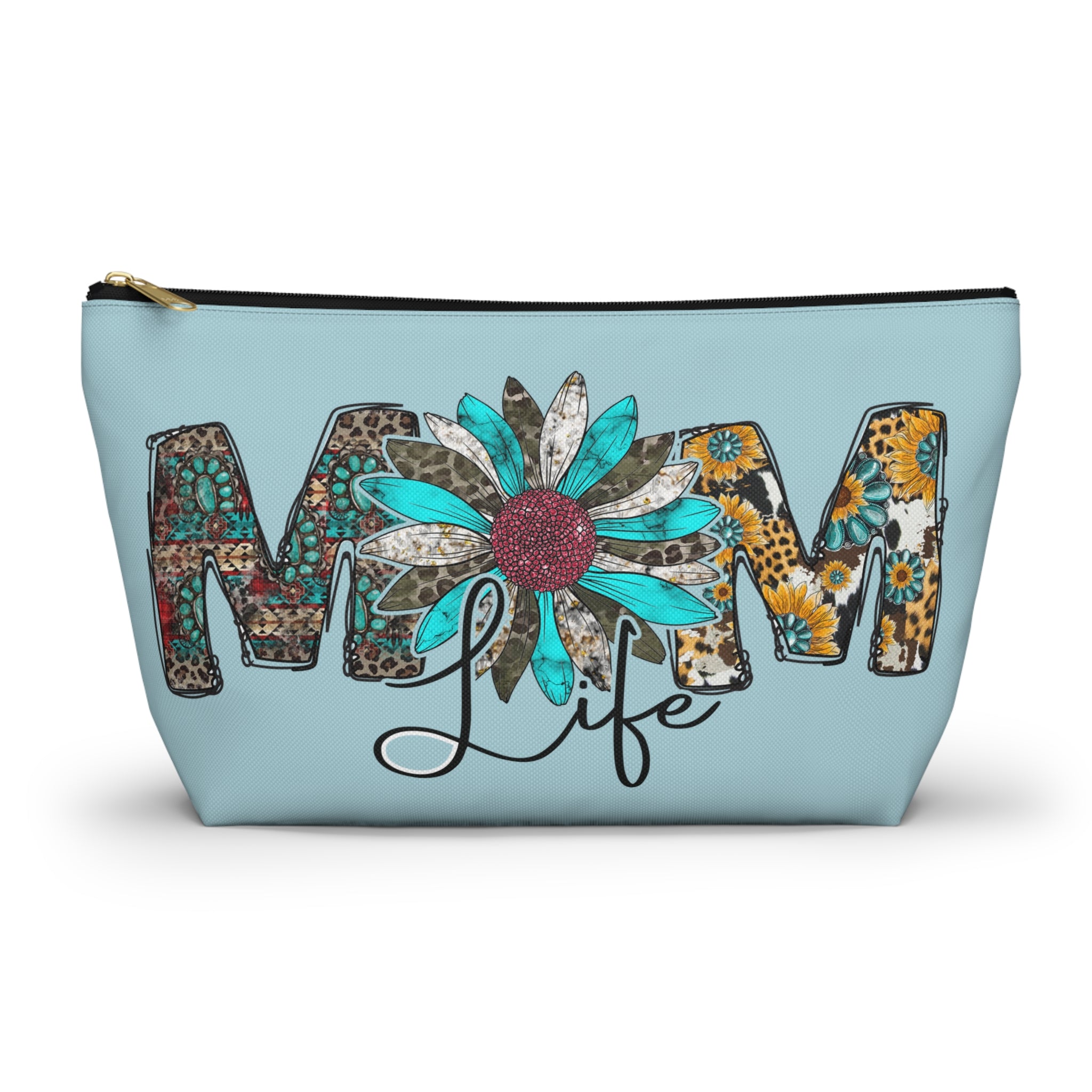 Mom Life Accessory Pouch — Floral Turquoise T‑Bottom Makeup Bag