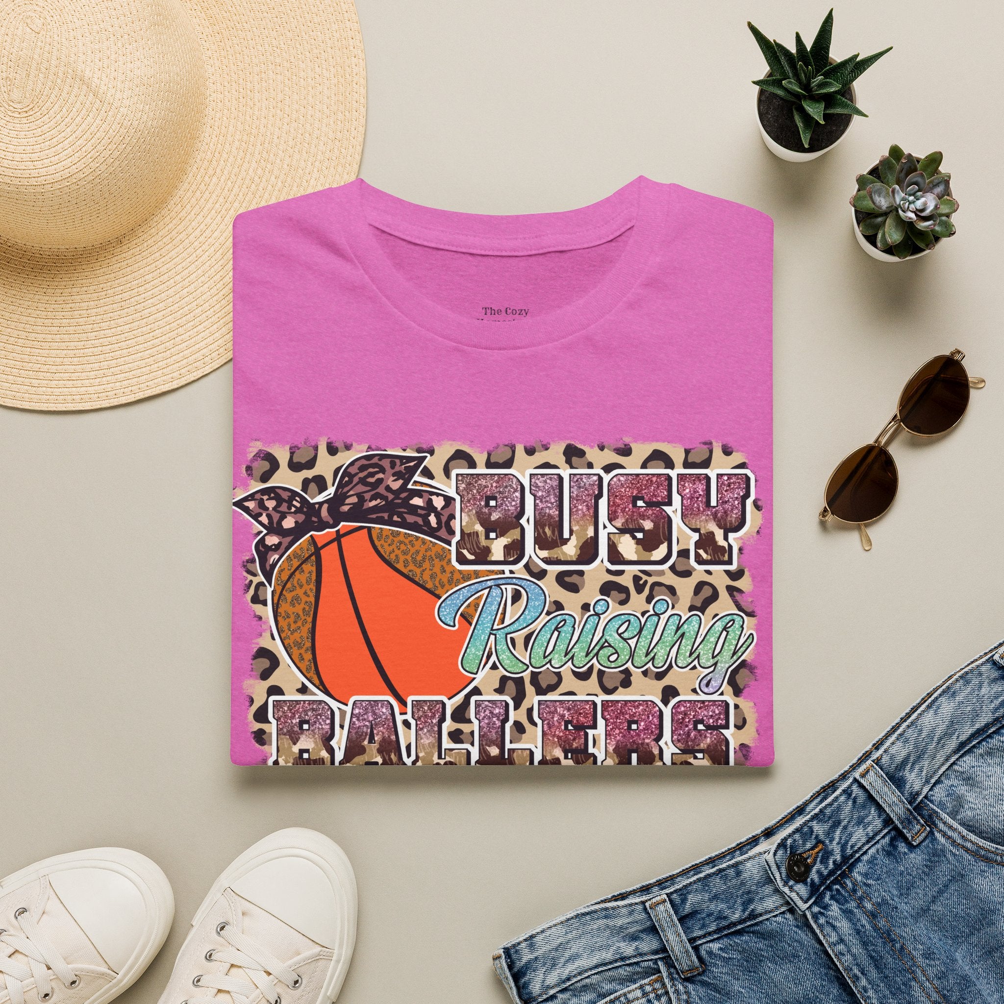Busy Raising Ballers Basketball Mom T-Shirt — Leopard Print Hoop Design