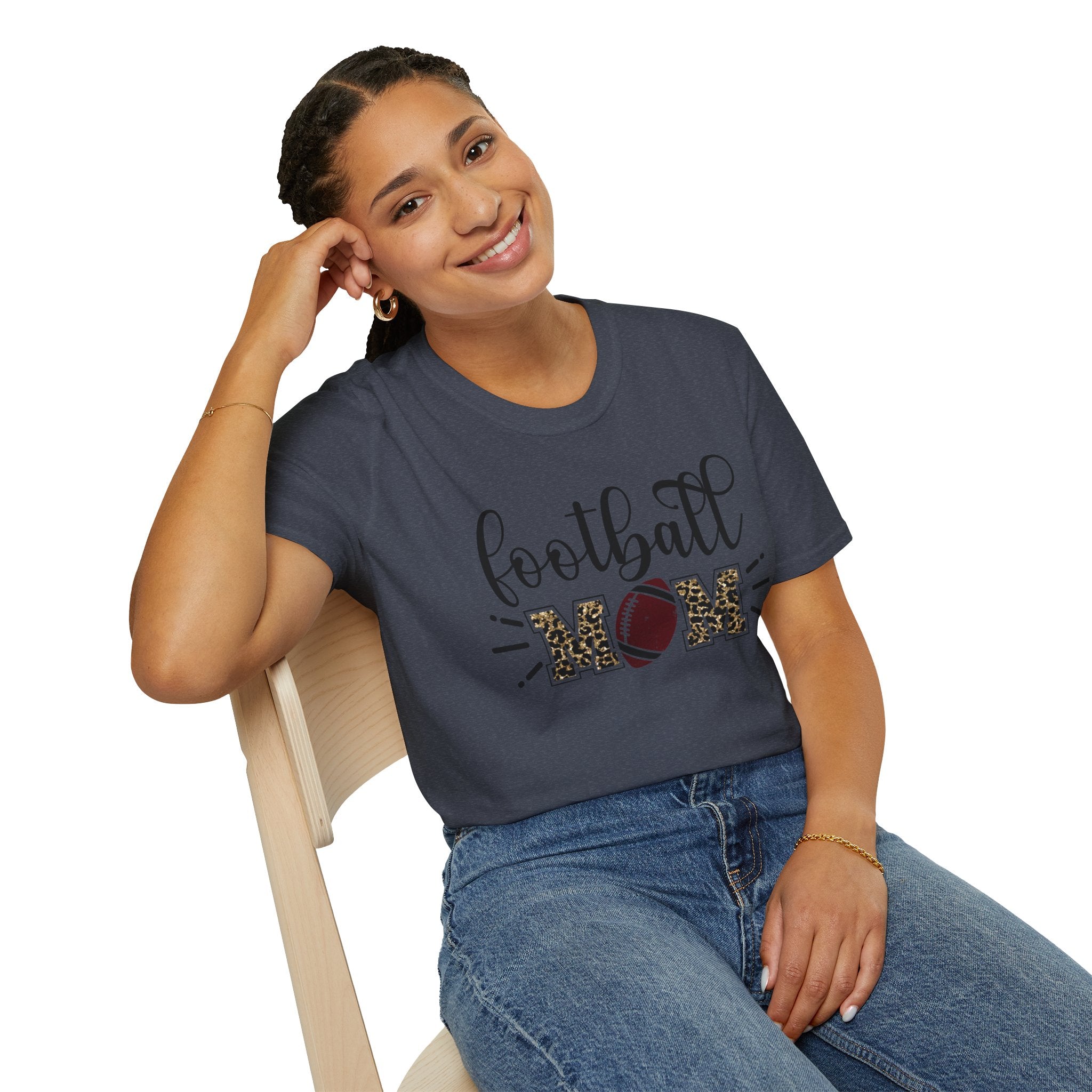Football Mom Leopard Print Tee — Cute Script Design with Football Graphic