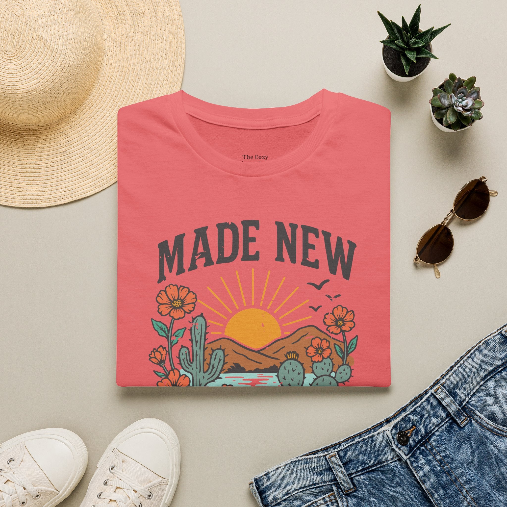 Made New T-Shirt — Vintage Desert Sunrise Christian Graphic Tee (2 Corinthians 5:17)