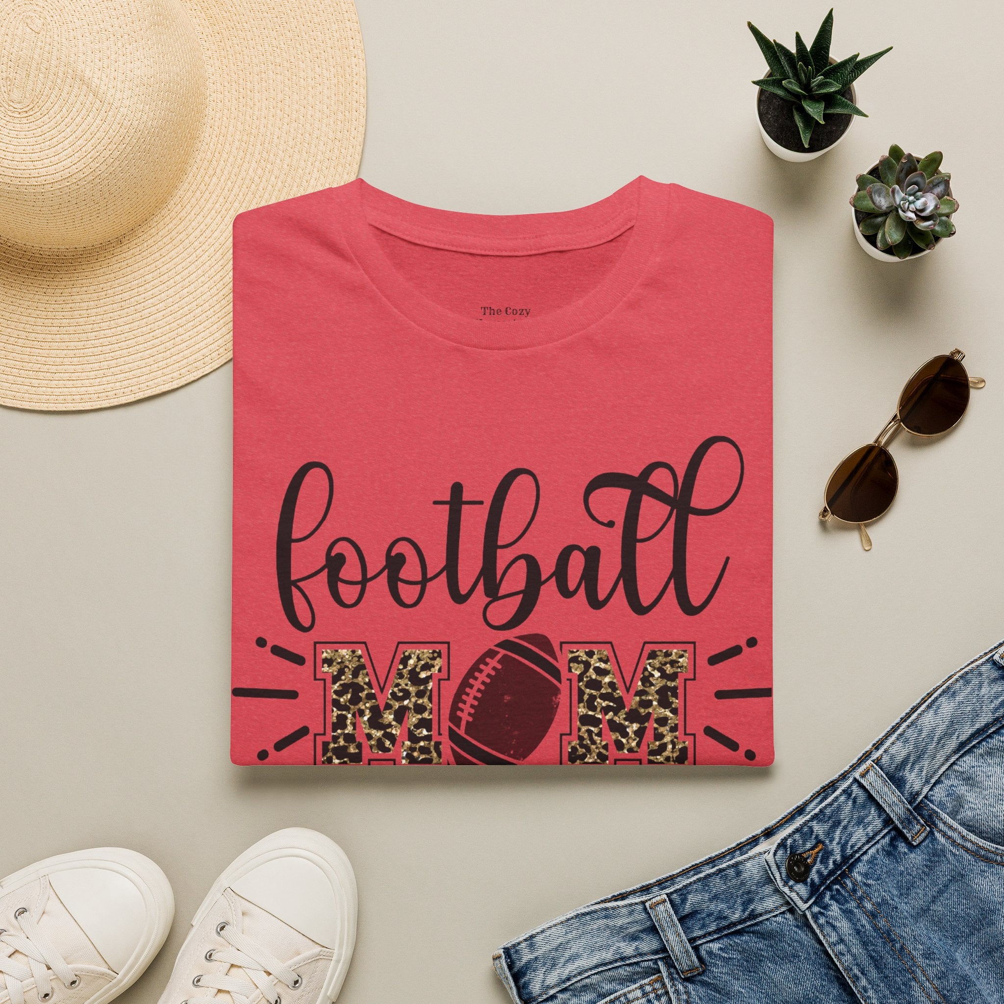Football Mom Leopard Print Tee — Cute Script Design with Football Graphic