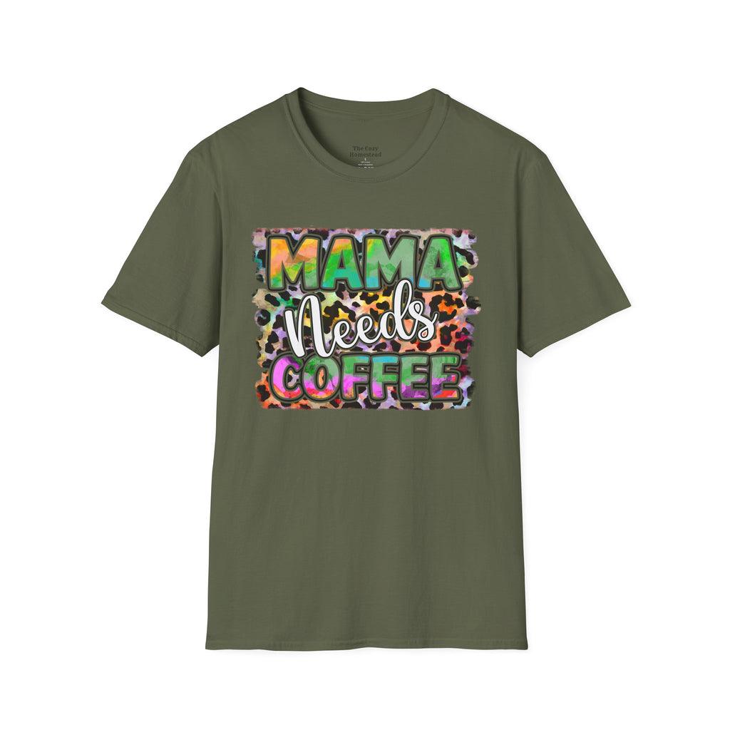 Mama Needs Coffee T-Shirt — Colorful Leopard Print Mom Coffee Tee