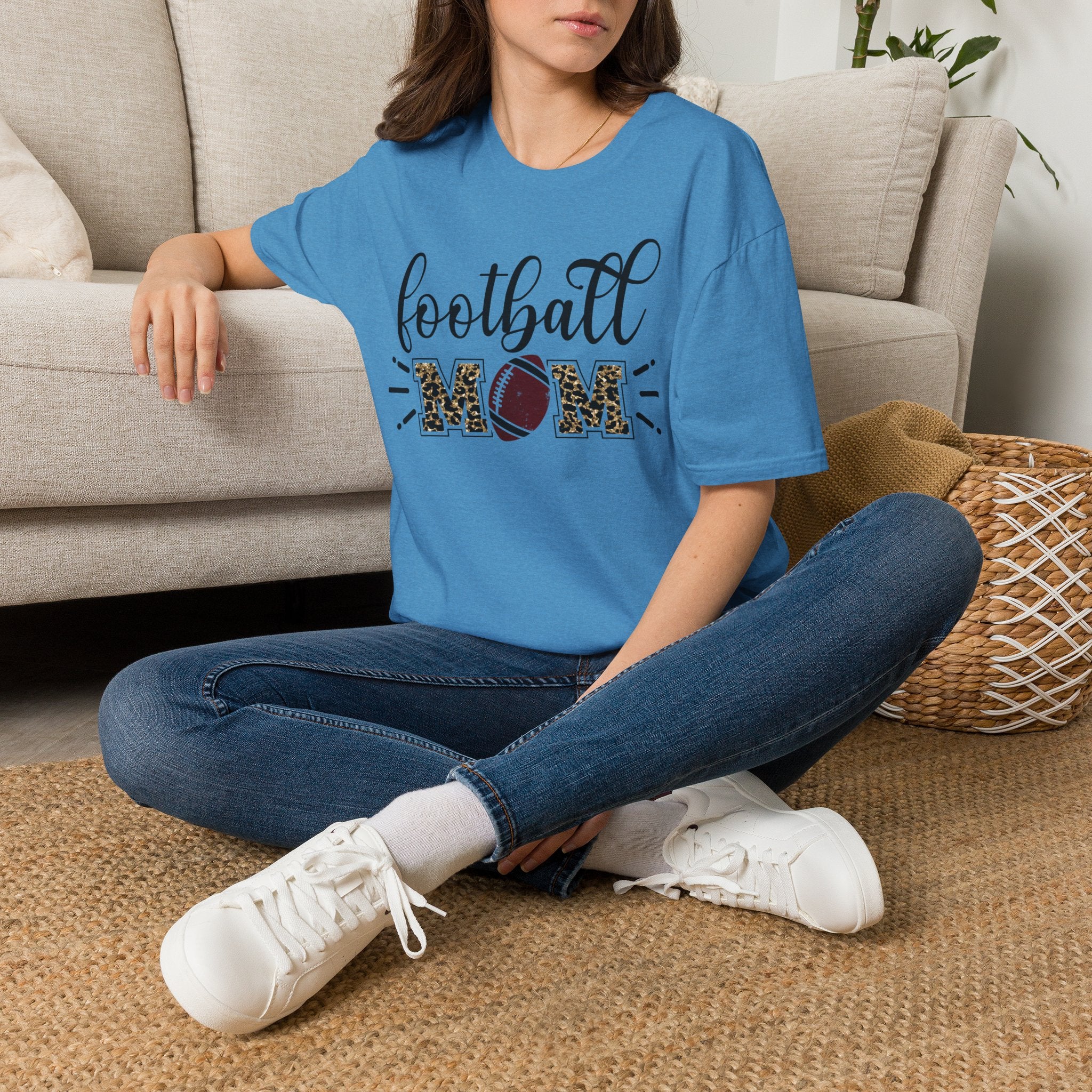 Football Mom Leopard Print Tee — Cute Script Design with Football Graphic