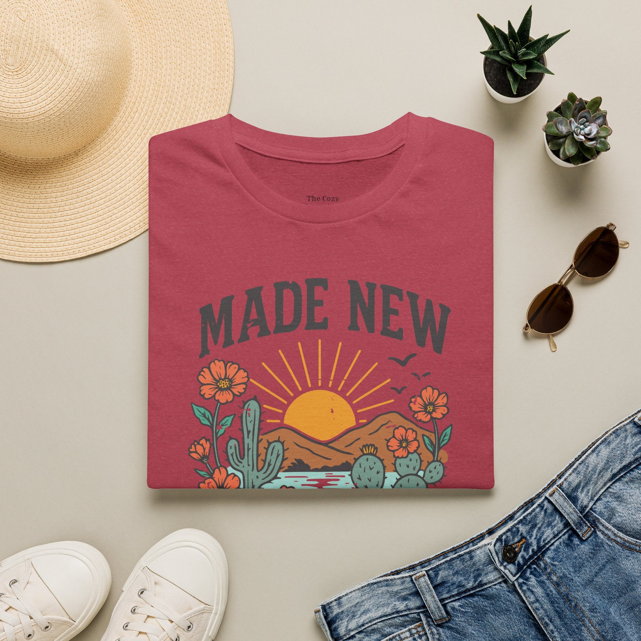 Made New T-Shirt — Vintage Desert Sunrise Christian Graphic Tee (2 Corinthians 5:17)
