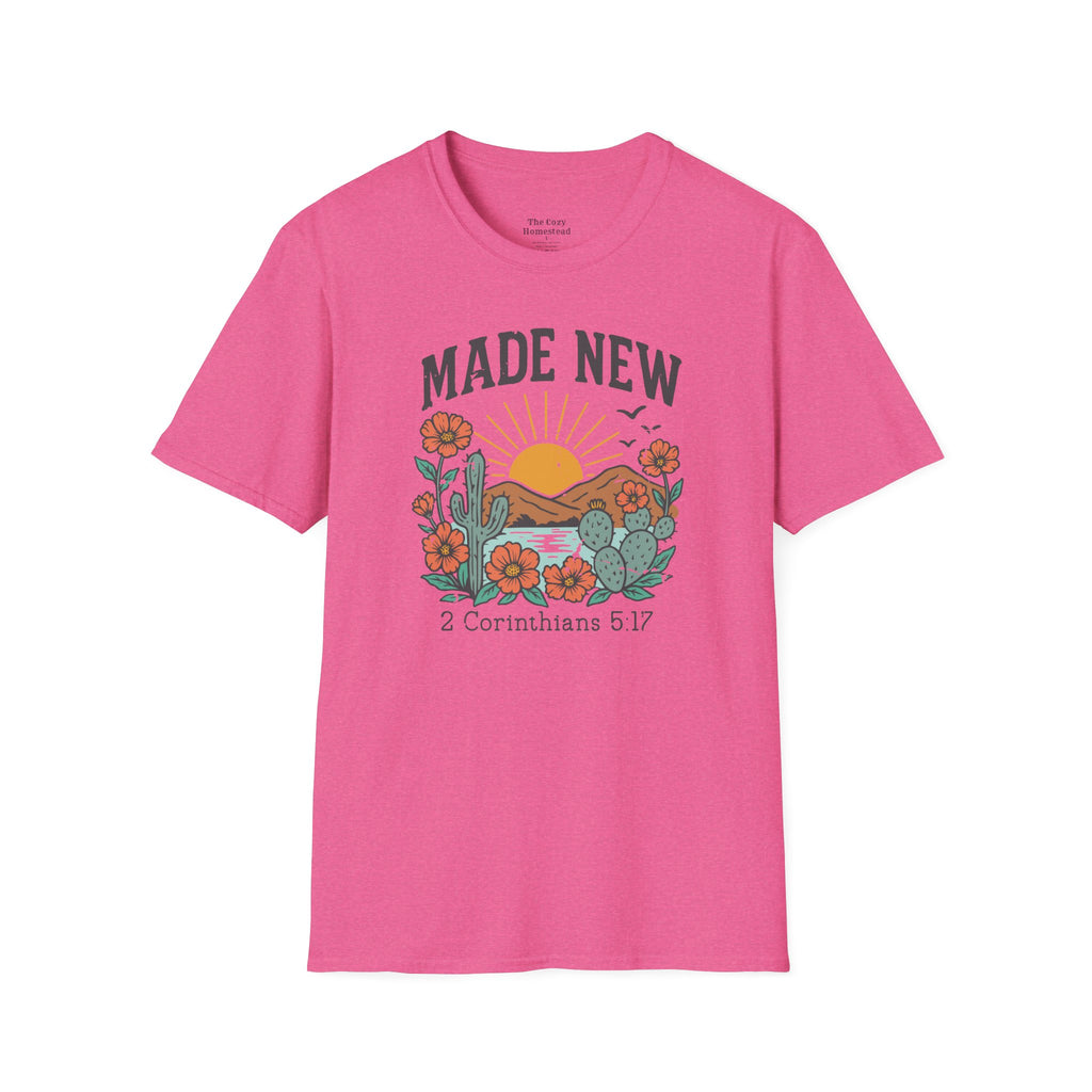 Made New T-Shirt — Vintage Desert Sunrise Christian Graphic Tee (2 Corinthians 5:17)