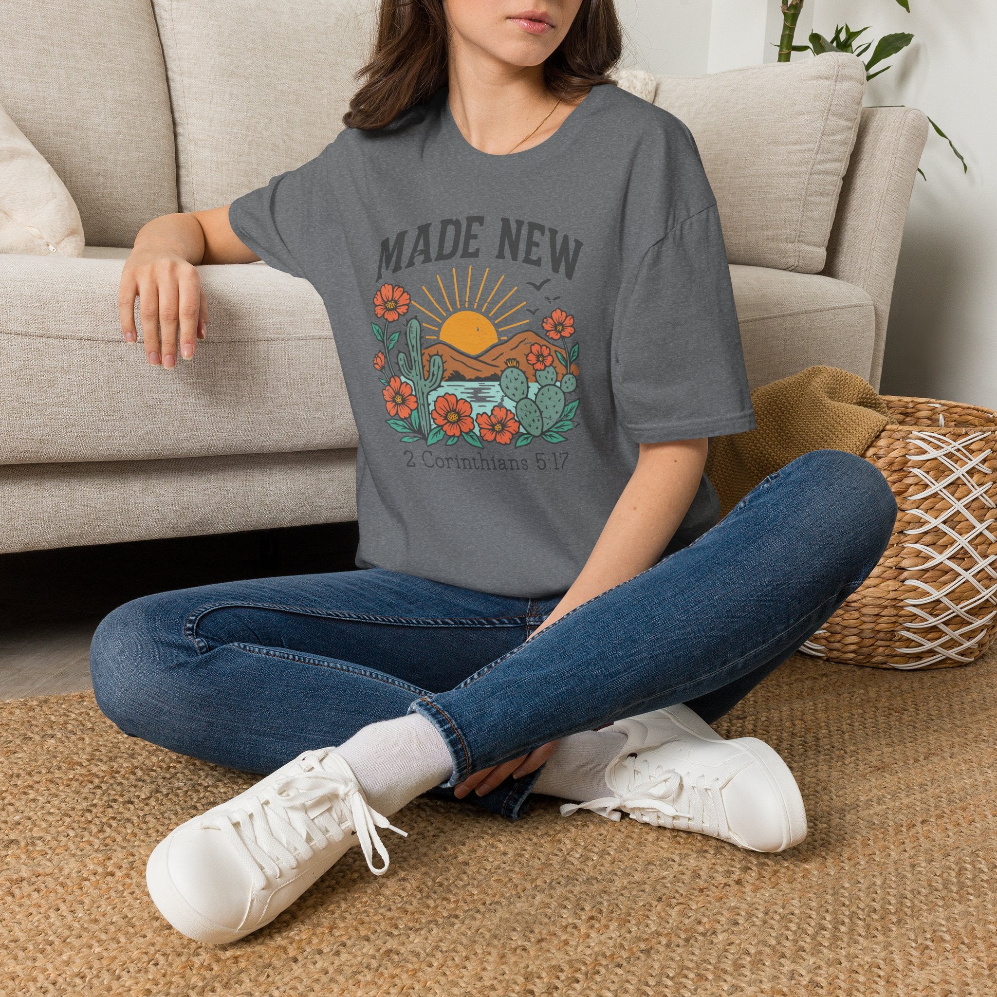 Made New T-Shirt — Vintage Desert Sunrise Christian Graphic Tee (2 Corinthians 5:17)