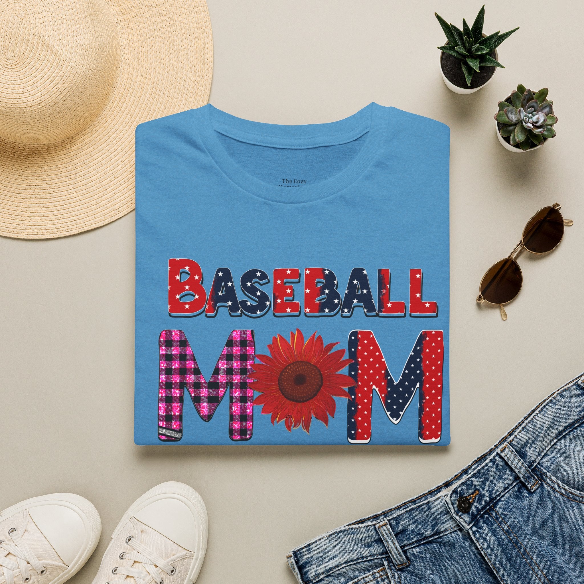 Baseball Mom T-Shirt — Floral Sunflower & Plaid Lettering