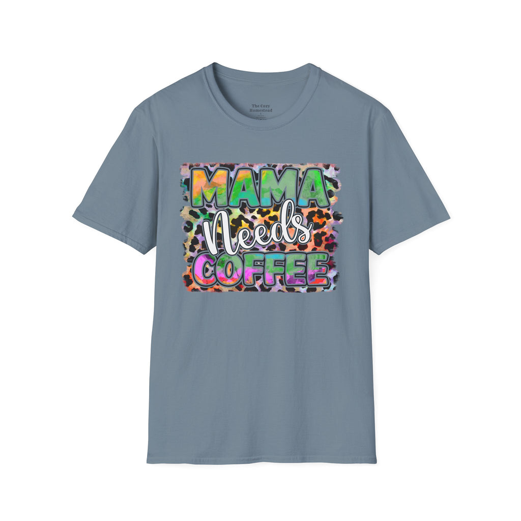 Mama Needs Coffee T-Shirt — Colorful Leopard Print Mom Coffee Tee