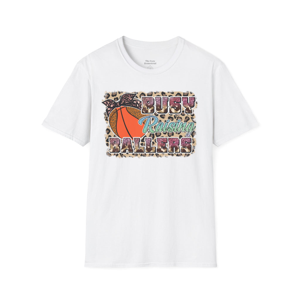 Busy Raising Ballers Basketball Mom T-Shirt — Leopard Print Hoop Design