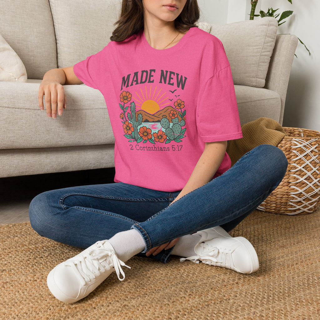 Made New T-Shirt — Vintage Desert Sunrise Christian Graphic Tee (2 Corinthians 5:17)