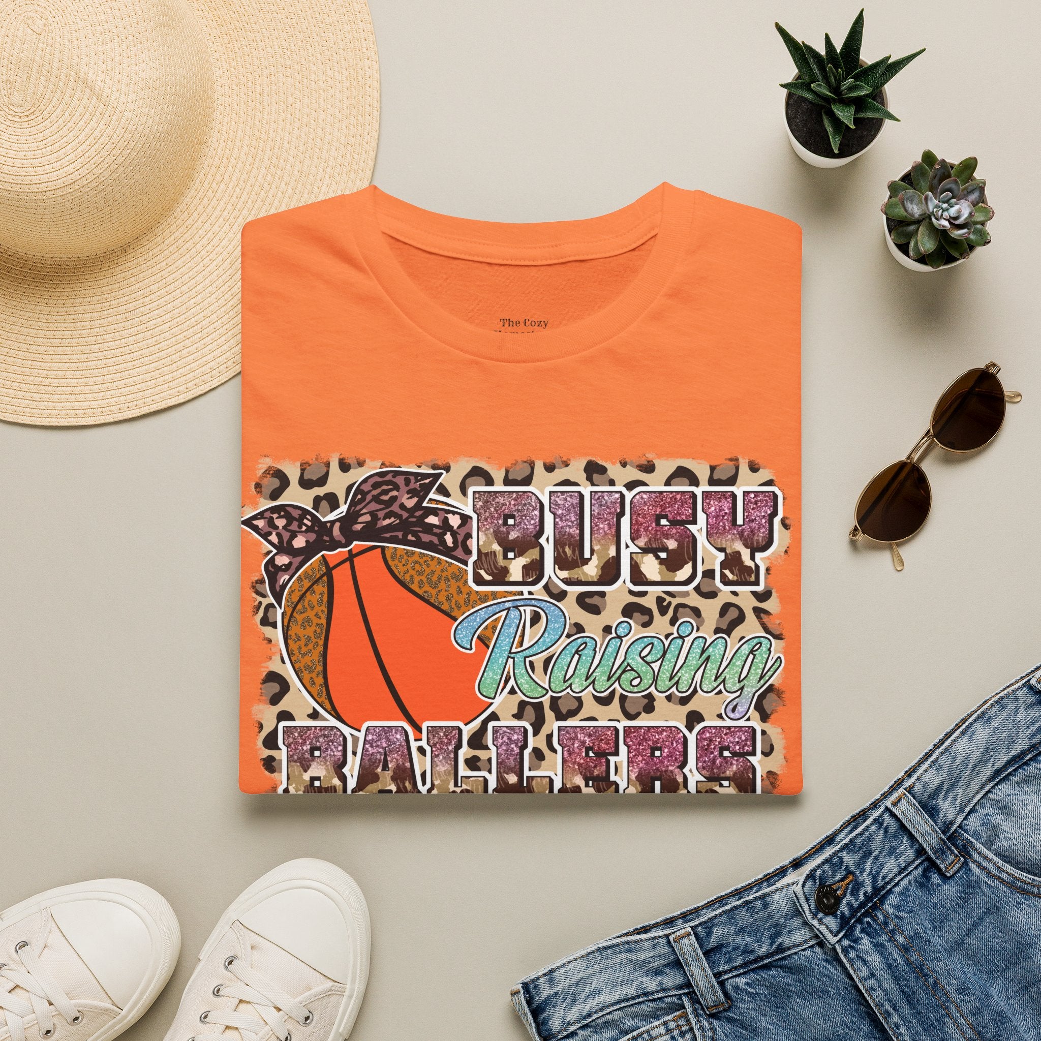 Busy Raising Ballers Basketball Mom T-Shirt — Leopard Print Hoop Design