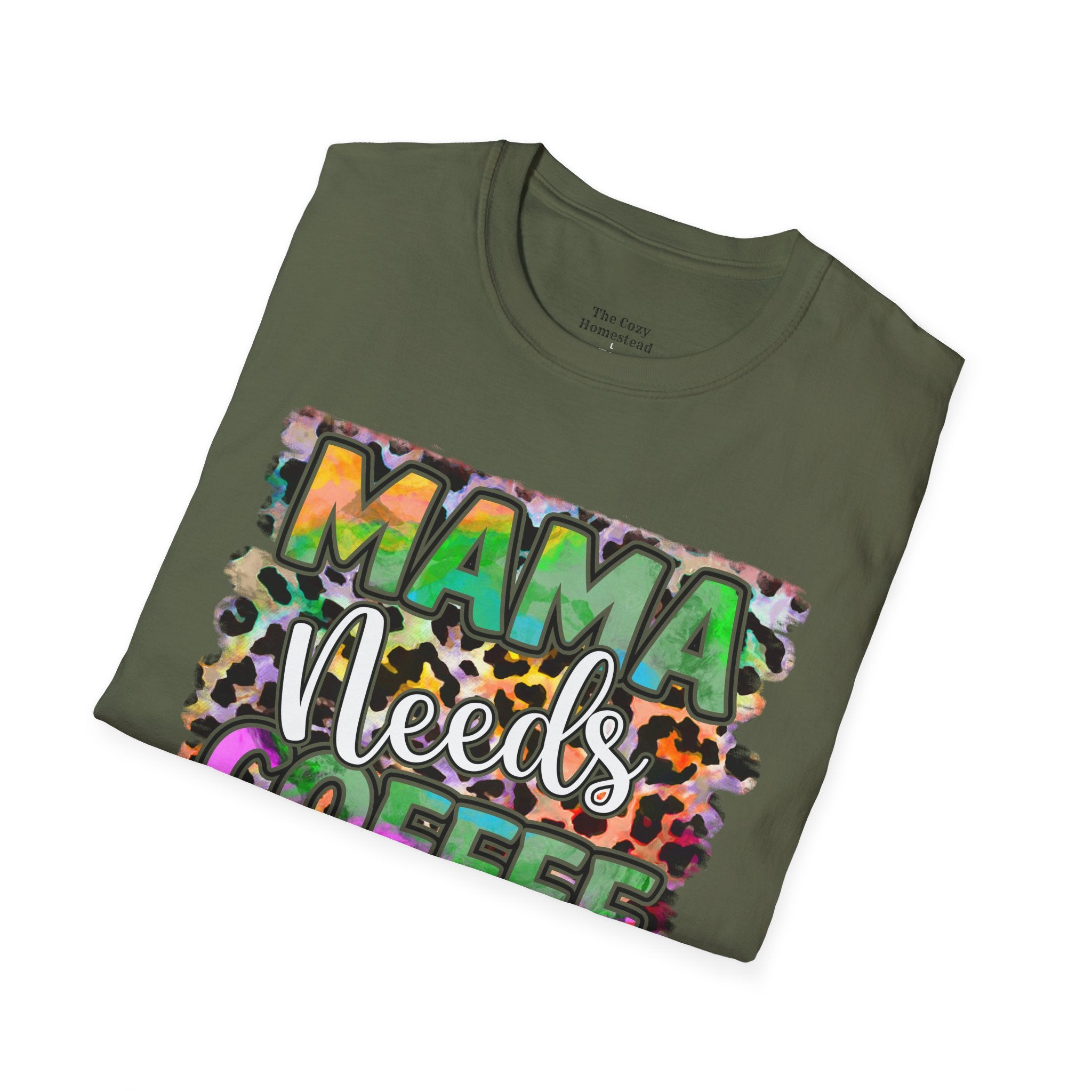 Mama Needs Coffee T-Shirt — Colorful Leopard Print Mom Coffee Tee
