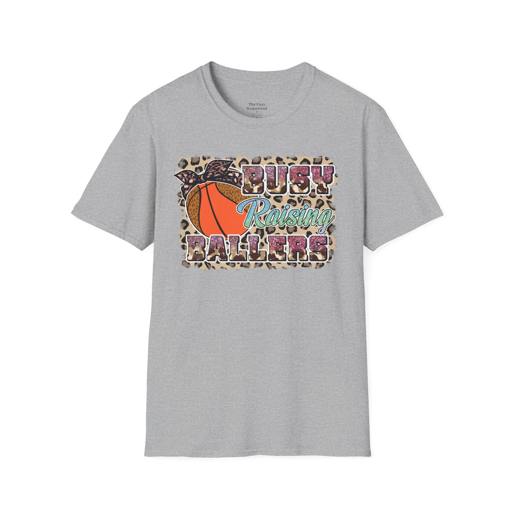 Busy Raising Ballers Basketball Mom T-Shirt — Leopard Print Hoop Design