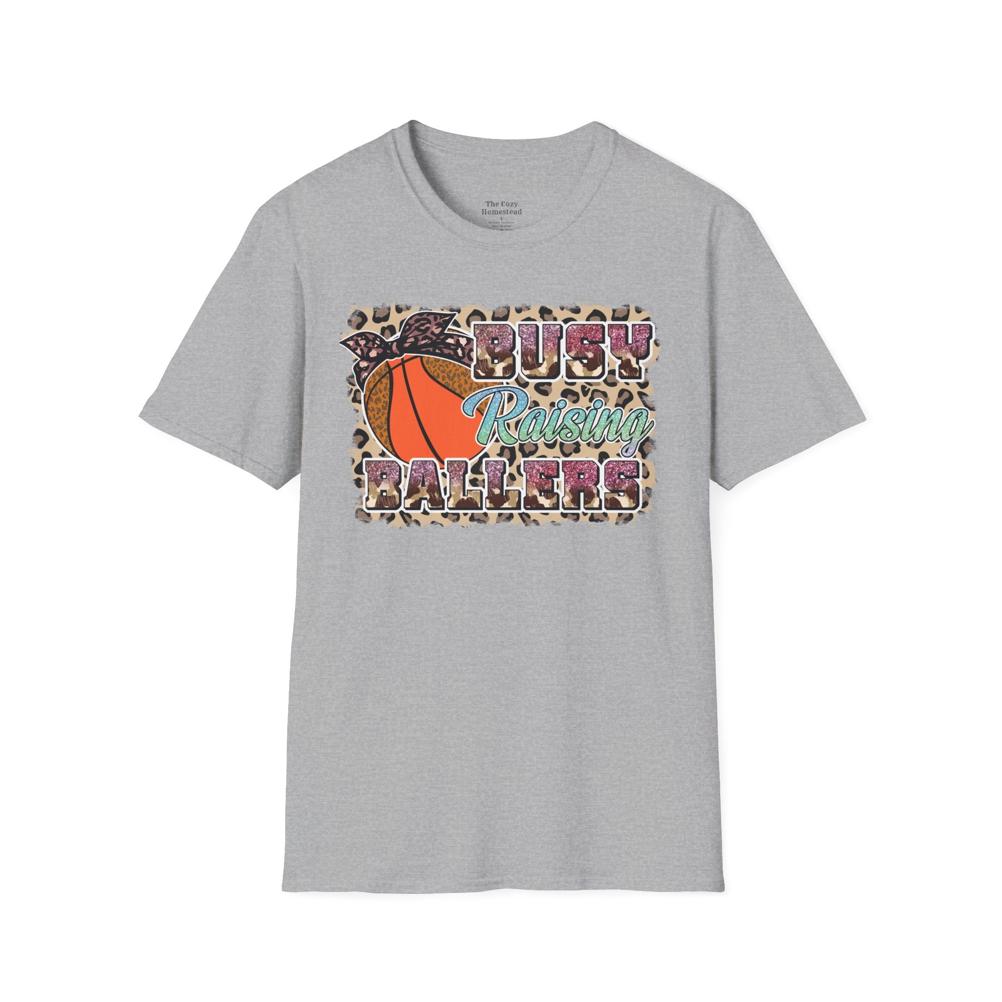 Busy Raising Ballers Basketball Mom T-Shirt — Leopard Print Hoop Design