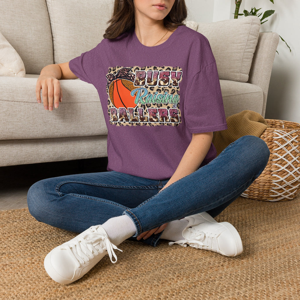 Busy Raising Ballers Basketball Mom T-Shirt — Leopard Print Hoop Design