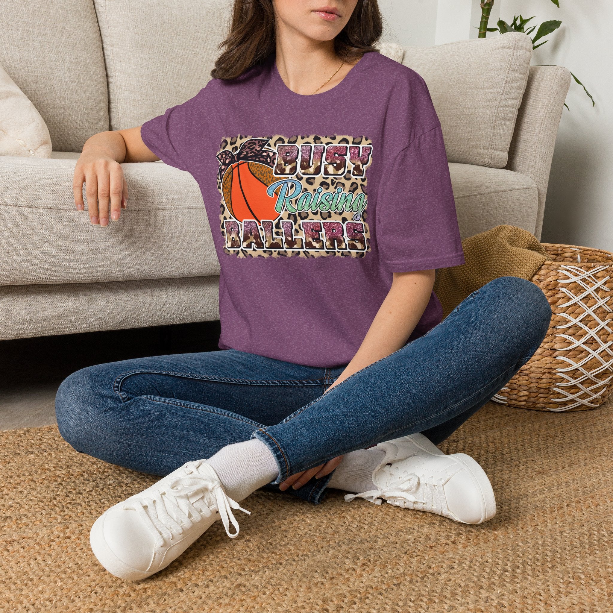Busy Raising Ballers Basketball Mom T-Shirt — Leopard Print Hoop Design