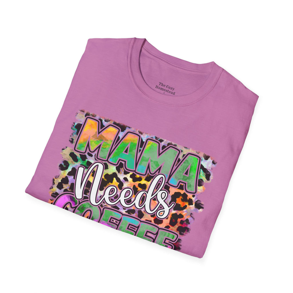 Mama Needs Coffee T-Shirt — Colorful Leopard Print Mom Coffee Tee