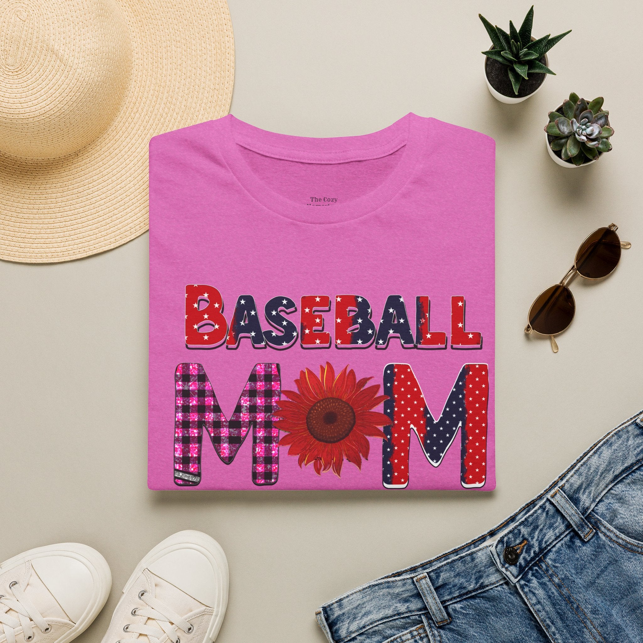 Baseball Mom T-Shirt — Floral Sunflower & Plaid Lettering