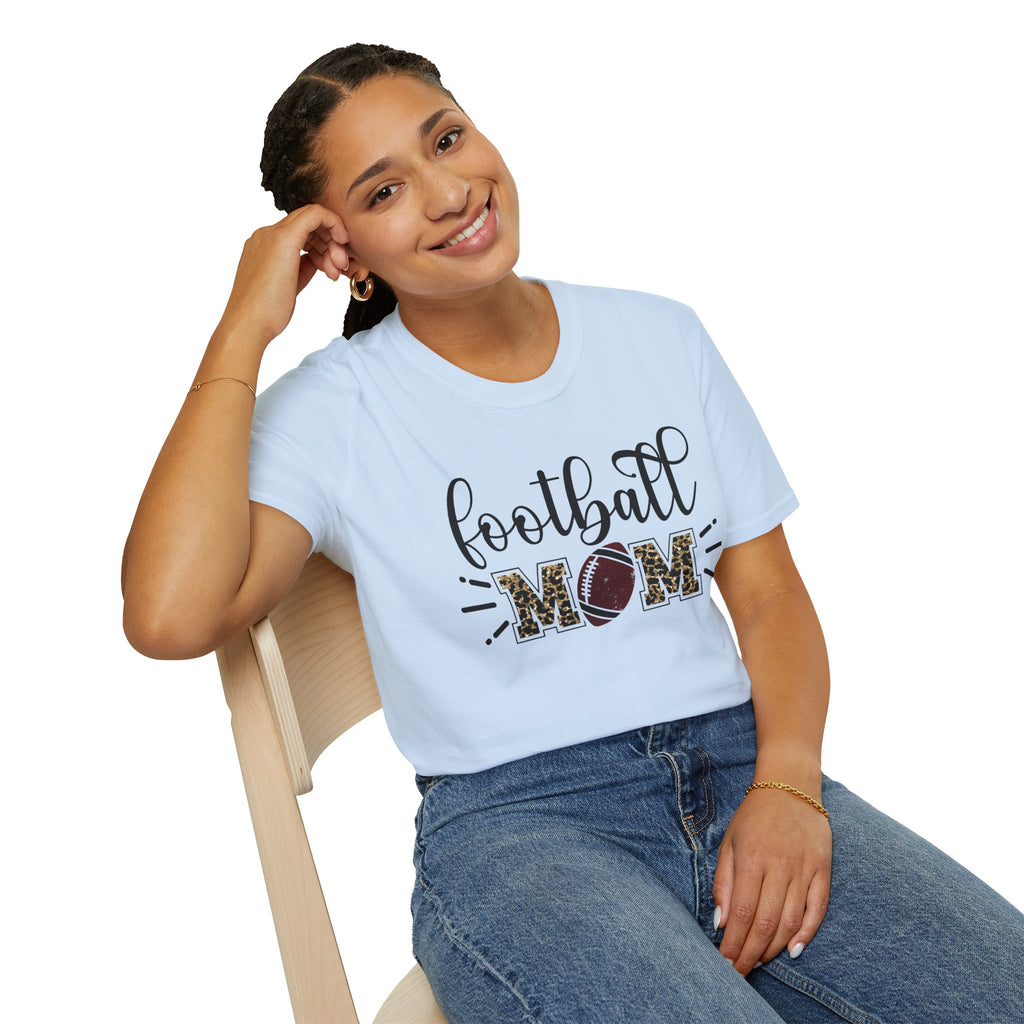 Football Mom Leopard Print Tee — Cute Script Design with Football Graphic