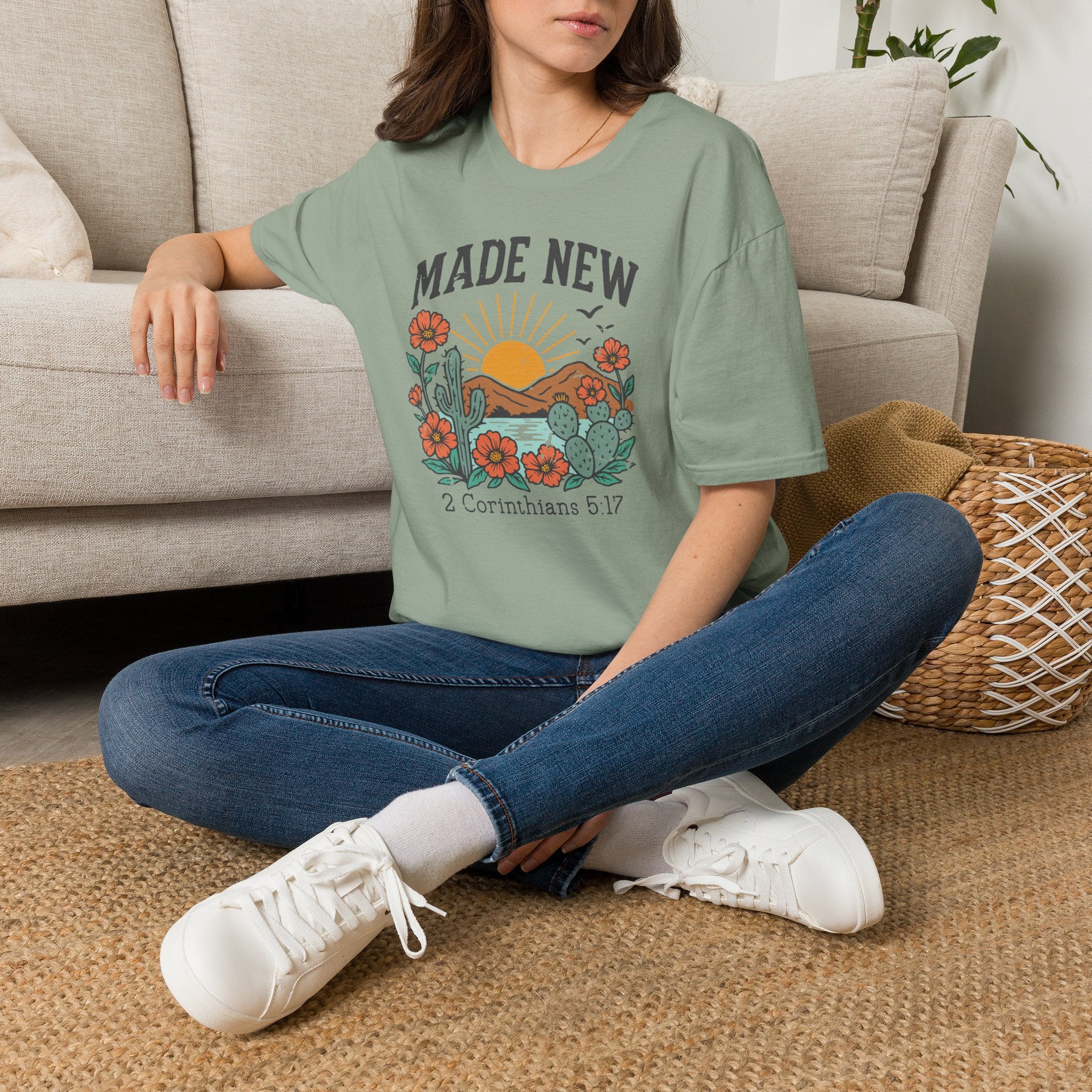 Made New T-Shirt — Vintage Desert Sunrise Christian Graphic Tee (2 Corinthians 5:17)