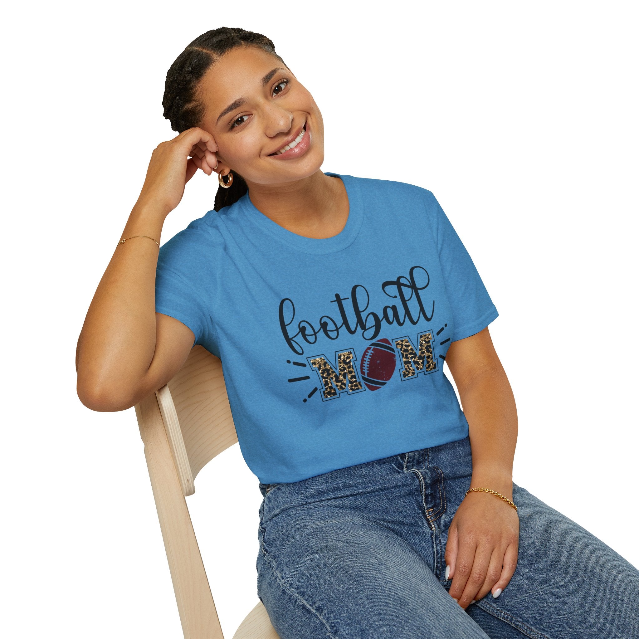 Football Mom Leopard Print Tee — Cute Script Design with Football Graphic