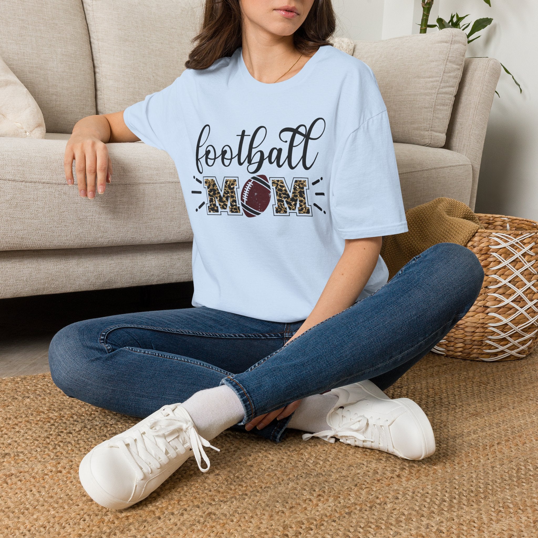 Football Mom Leopard Print Tee — Cute Script Design with Football Graphic